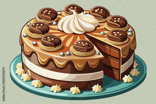 vector of A delicious and perfect pale chocolate cake decorated with swirls of frosting and chocolate chips, each slice reveals moist layers and rich cocoa flavor. Suitable for celebrations