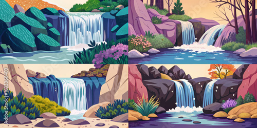 moss-covered rocks set with a small waterfall , Highly detailed abstract vector illustration