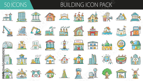 Building Icon Pack with 50 Architecture and Construction Elements - A colorful set of 50 cartoon-style building icons, featuring homes, offices, landmarks, and construction sites for real estate