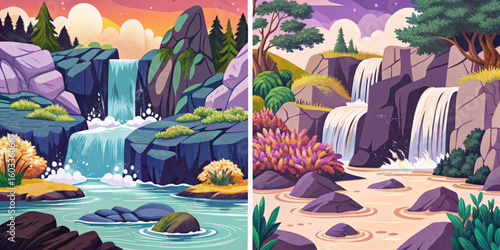 moss-covered rocks set with a small waterfall , Highly detailed abstract vector illustration
