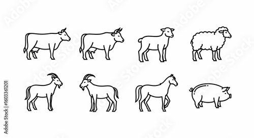 Farm Animals Line Icon Set – Cow, Bull, Sheep, Lamb, Goat, Horse, Pig, Livestock Vector Illustration

