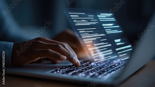 E-Invoice and Digital billing concept, Businessman using laptop to manage electronic statements on virtual screen. E-tax, Digital receipt, Online invoice processing and tax accounting solutions.