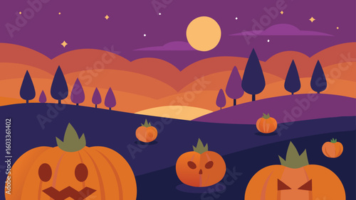 pumpkin field at twilight  cozy halloween vector
