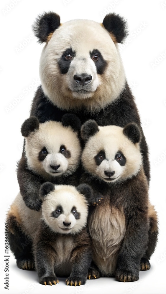 Fototapeta premium Panda family portrait cute pandas adorable panda cubs black and white bear image isolated on white background