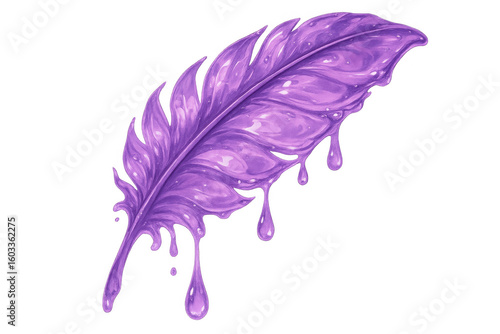 Purple paint forming a feather shape is dripping on a transparent background, creating a vibrant and artistic visual