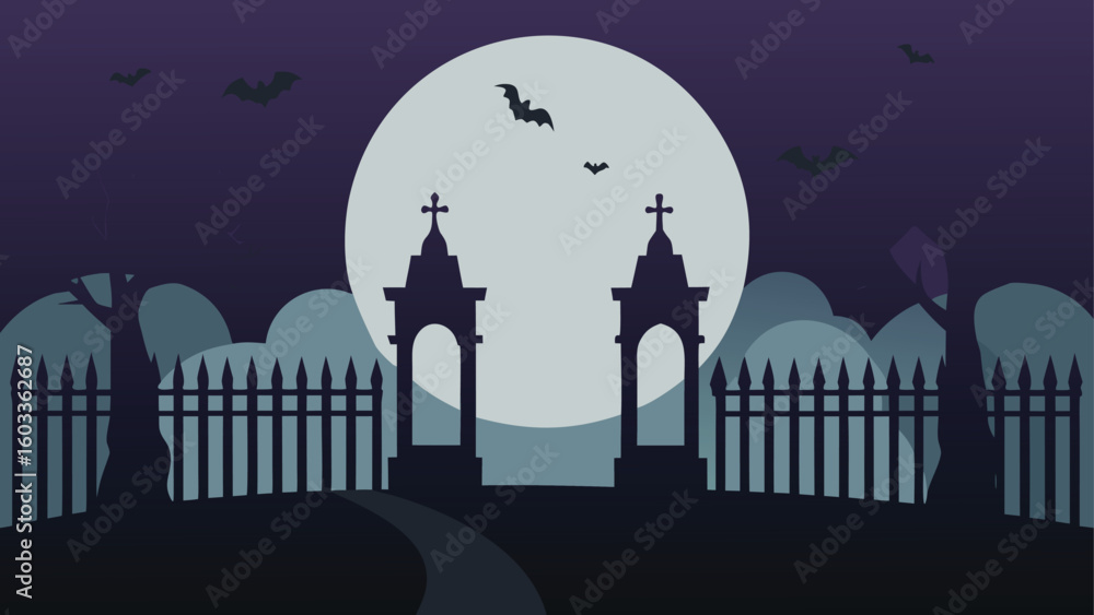 Fototapeta premium spooky graveyard gate under full moon silhouette