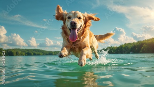 Playful Golden Retriever Jumping in Water