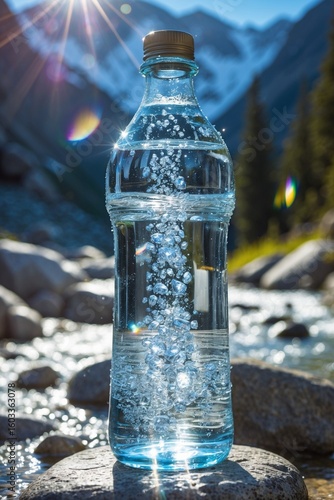 Sparkling Water Bottle in Mountain Stream with Sun Flare