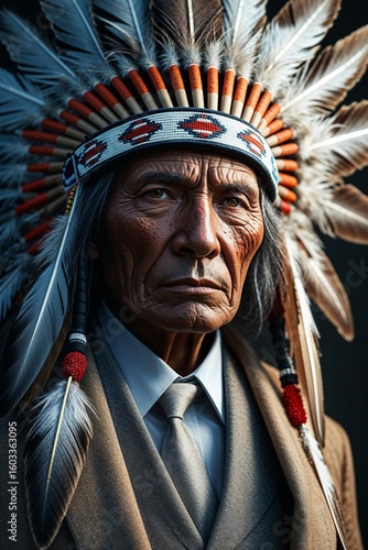 Elder Indigenous Man: Fusion of Tradition and Modernity