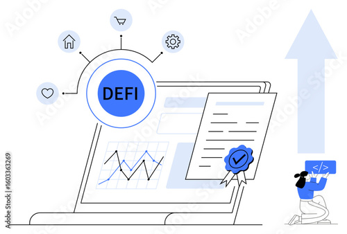 Laptop screen displaying DEFI analytics, certification, upward growth arrow, developer coding. Ideal for finance, blockchain, analytics, technology, innovation decentralization simple landing page