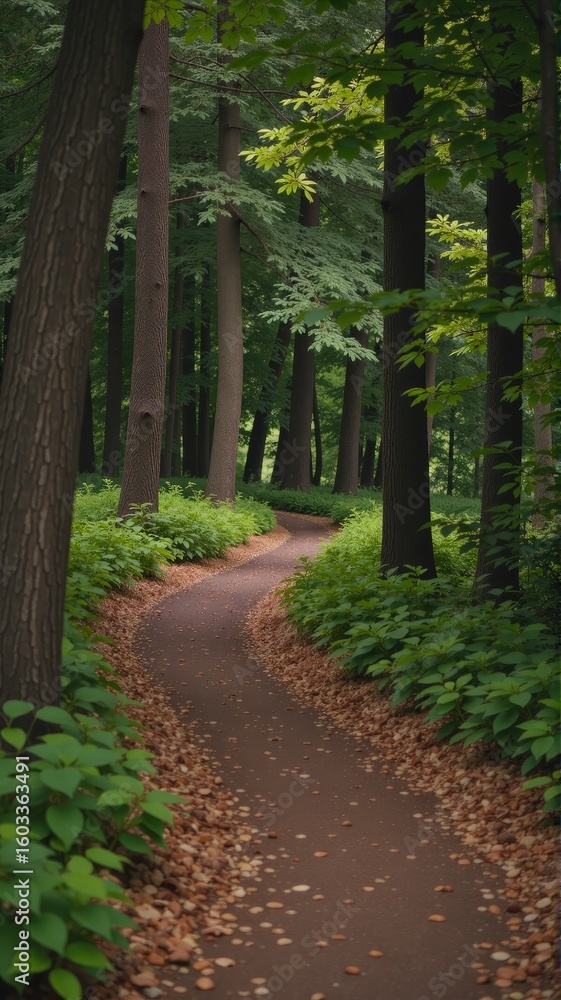 Fototapeta premium A peaceful forest path covered with fallen leaves, surrounded by tall green trees in autumn.