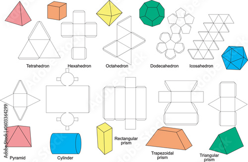Printable Geometry polyhedron Platonic solids 3D paper model vector design school science DIY crafts