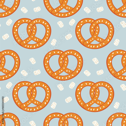 Seamless pattern of pretzels on a light blue background
