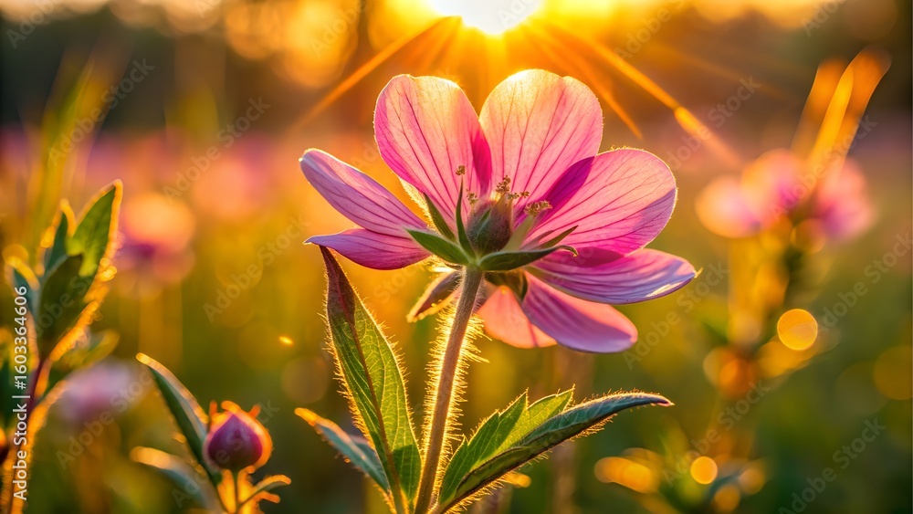 Fototapeta premium Pink wildflower in meadow at sunset
