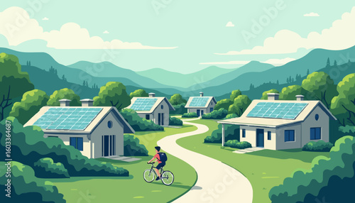 A man rides a bicycle down a path in front of a row of houses