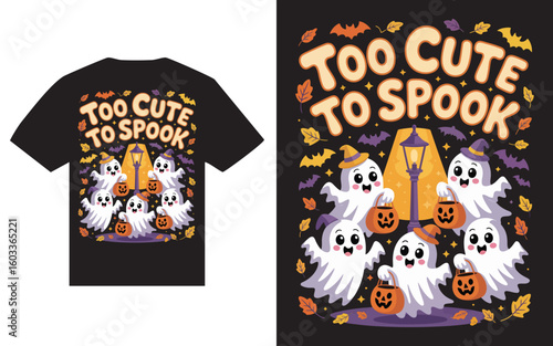 Cute halloween ghosts wearing hats holding pumpkins and saying too cute to spook