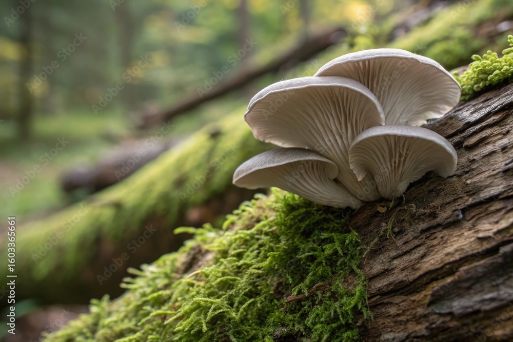 Fototapeta premium Photographing a single oyster mushroom cluster on a log natural setting macro photography soft background capturing nature's beauty