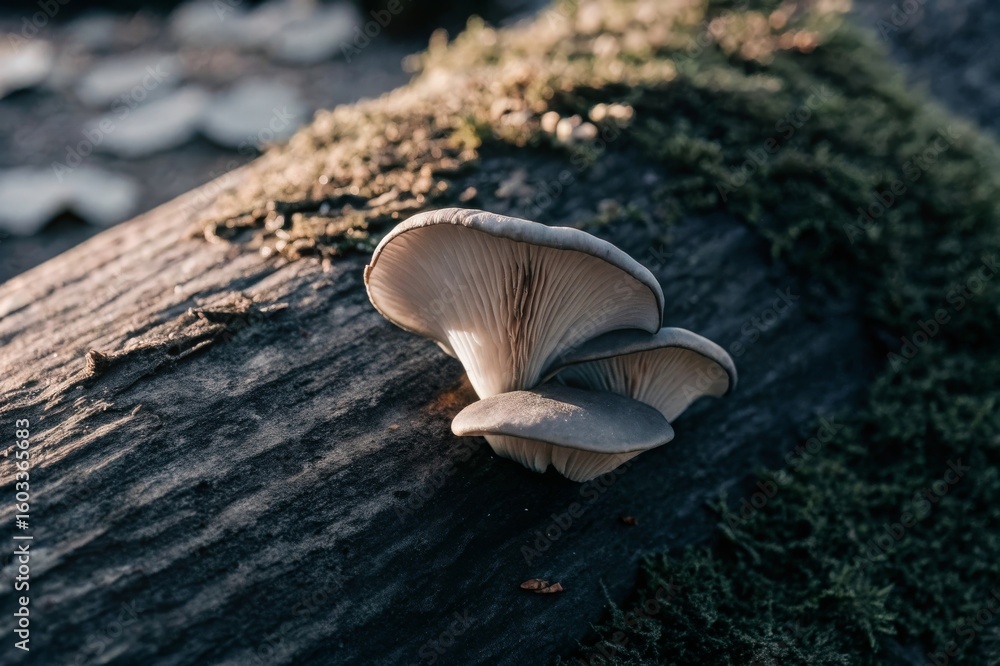 Fototapeta premium Photographing a single oyster mushroom cluster on a log at an angle soft background nature close-up view fungi growth