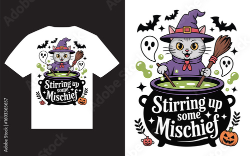 Cute halloween cat stirring pot with mischief quote