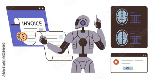 AI robot reviewing invoice data, examining brain scans, and interacting with error messages. Ideal for AI technology, machine learning, automation, healthcare, finance, decision-making