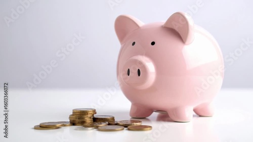 Pink piggy bank with white background and coins next to it