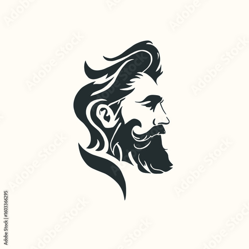 Artistic vector illustration of a man’s profile with a thick beard and stylized flowing hair in dark tones on a light background