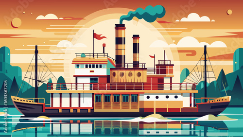 An old paddle steamer with smoke stack rendered as bright vector graphic on calm water with single color palette