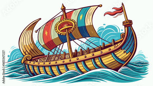 classic Roman galley vessel drawn with fine pen strokes, rowing shields along its sides and oars dipping into gentle sea waves