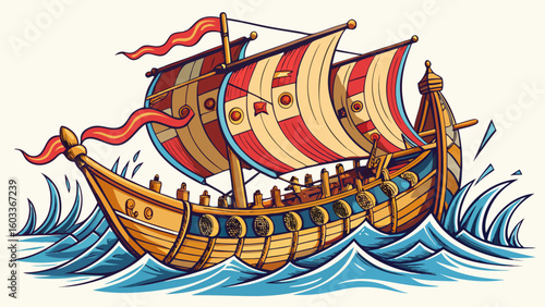classic Roman galley vessel drawn with fine pen strokes, rowing shields along its sides and oars dipping into gentle sea waves