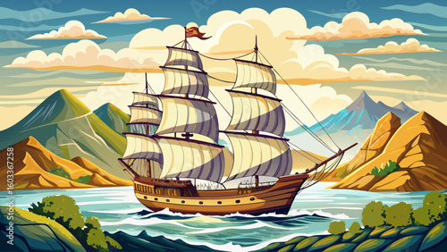 A clipper ship with full sails depicted in traditional watercolor style, gliding through calm seas with distant islands