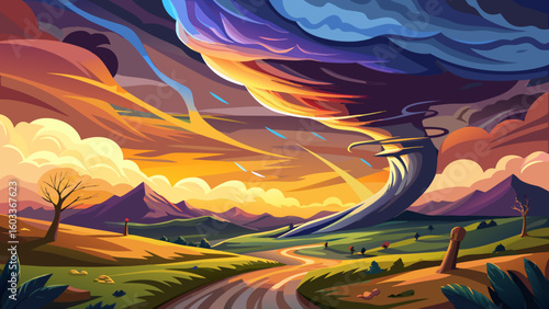 A dramatic storm at sunset producing a powerful tornado twisting through the countryside with sheet lightning. Landscape mixed media illustration.