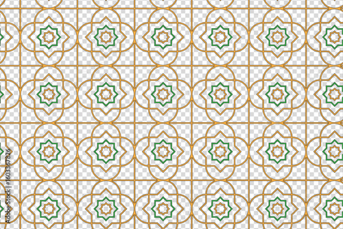 seamless islamic geometric pattern with gold lines and green eight pointed stars on transparent background.