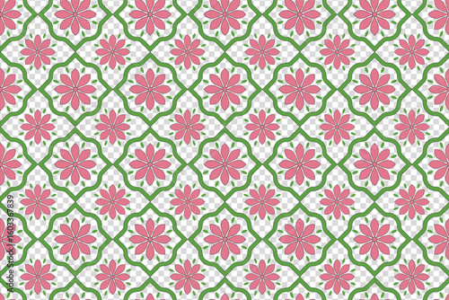 a repeating pattern featuring delicate pink flowers within a geometric green lattice on transparent background