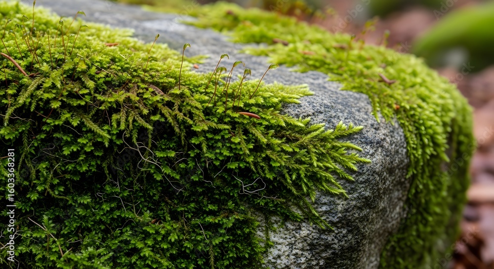 Fototapeta premium Close Up of Green Moss Growing on Gray Rock in Nature Scene