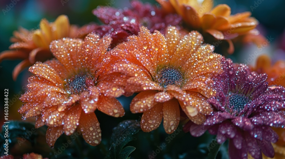 Fototapeta premium Vibrant flowers with dew drops