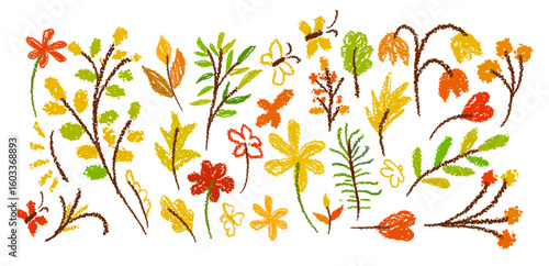 Autumn flowers and leaves in chalk. hand drawn. Not AI, Vector illustration.