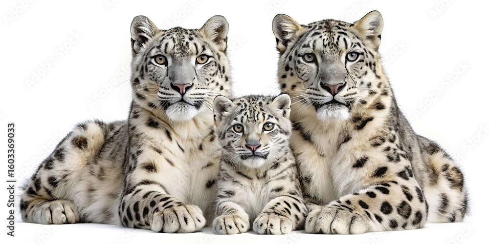 Obraz premium Snow leopard family portrait isolated on white background, cute baby animal isolated on white background