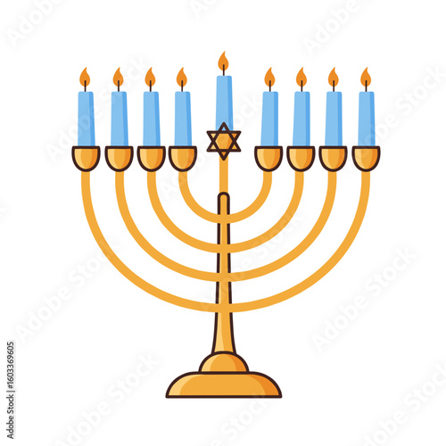 Cartoon menorah with blue candles and star symbol for Hanukkah, transparent background, isolated, vector  