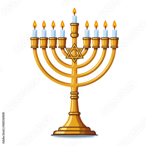 Golden menorah with lit candles and Star of David design, white background, isolated, vector  