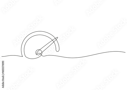 Continuous one line drawing of speedometer. Minimal speedometer silhouette in abstract linear style. Simple one line vector illustration for automotive or dashboard design.