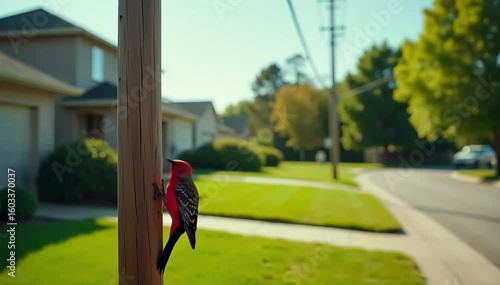Woodpecker pecking on tree trunk