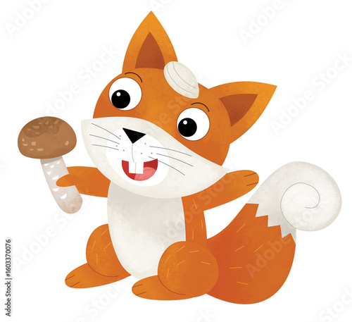 cartoon scene with cheerful squirrel holding mushroom forest animal on white background illustration for children