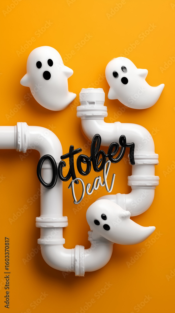 Obraz premium White ghost decorations and PVC pipes on a bright orange background with 