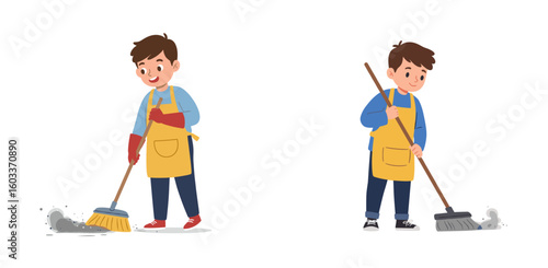 Young boy cleaning floor with broom and dustpan in home setting, white background, isolated, vector, set  