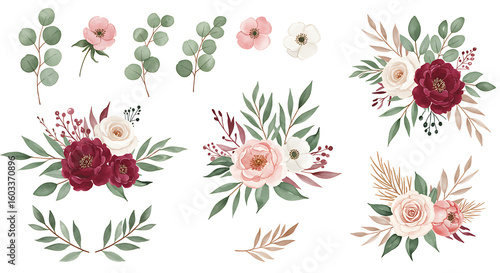 Fototapeta Naklejka Na Ścianę i Meble -  Watercolor floral arrangements with burgundy and blush pink flowers and greenery