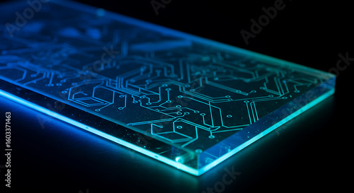 Futuristic Geometric Pattern Laser Engraved on Translucent Acrylic with Blue Neon Glow

