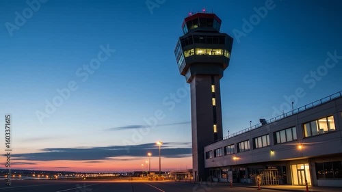 Airport Control Tower at Dusk: Aviation Hub Operations & Air Traffic Management
