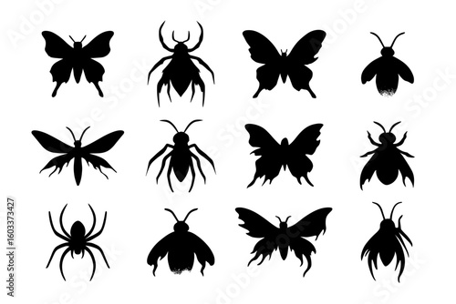 Collection of insect silhouettes featuring butterflies and bugs in black
