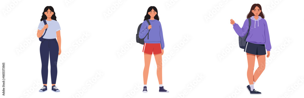 Young woman posing in casual outfits with backpacks, white background, isolated, vector, set Young woman posing in casual outfits with backpacks, white background, isolated, vector, set