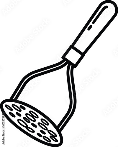 Simple Potato Masher: A detailed black and white illustration of a potato masher, a common kitchen utensil used for mashing cooked potatoes